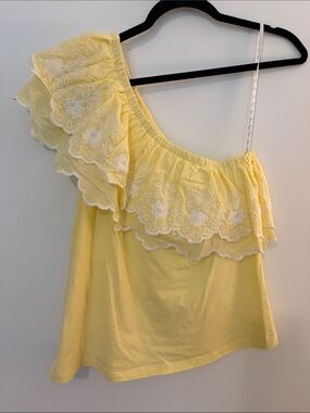 Lilly Pulitzer Yellow One-Shoulder Ruffle Top with White Embroidery